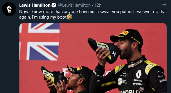 Hamilton tweete au sujet du shoey